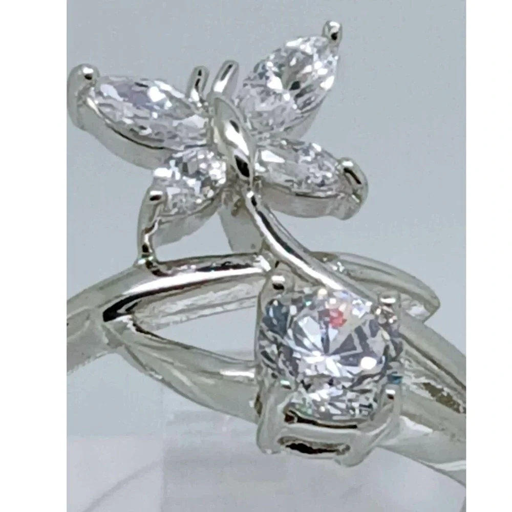 Vintage 1990s‎ Butterfly Bypass Ring Silver Tone Marquise Round Stones Size 7.5